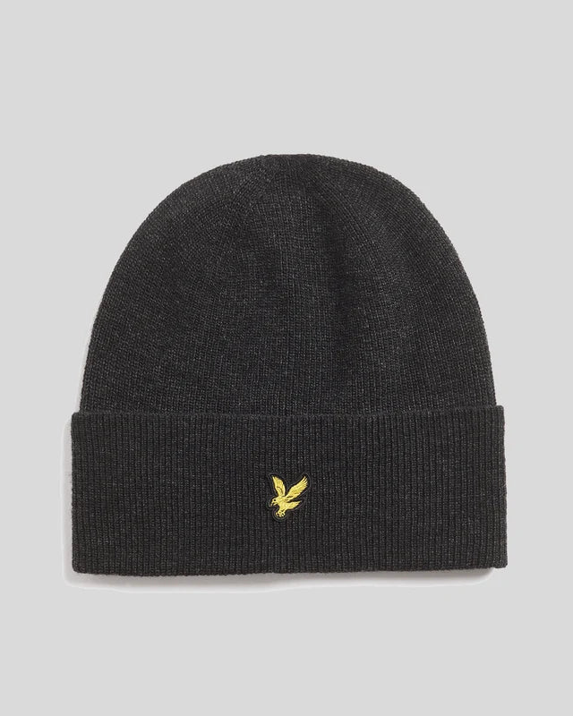 LAMBSWOOL BLEND RIBBED BEANIE - JET BLACK MARL